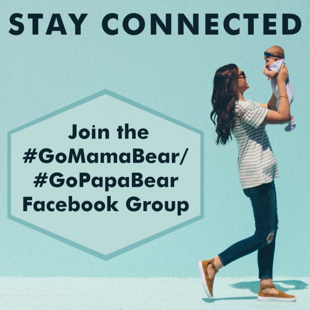 GoMamaBear Facebook Group prompt. Mom holding baby